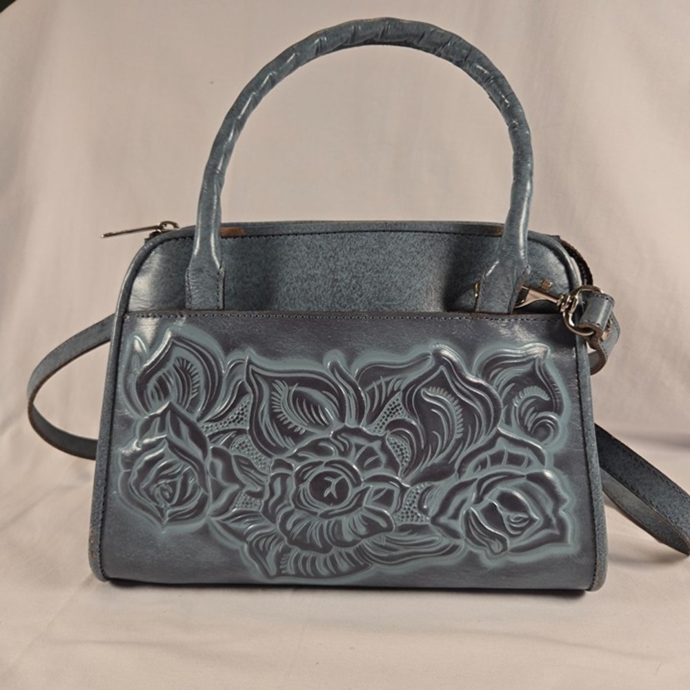 Patricia Nash Blue Leather Embossed Floral Satchel Crossbody Handbag